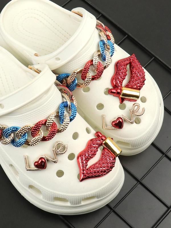 6pcs set Women's 2024 Street Trend Clogs Charms, Trendy Novelty Chain & Lipstick Shoes Decorations, Shiny Shoes Charms for Clogs DIY As Birthday Gift