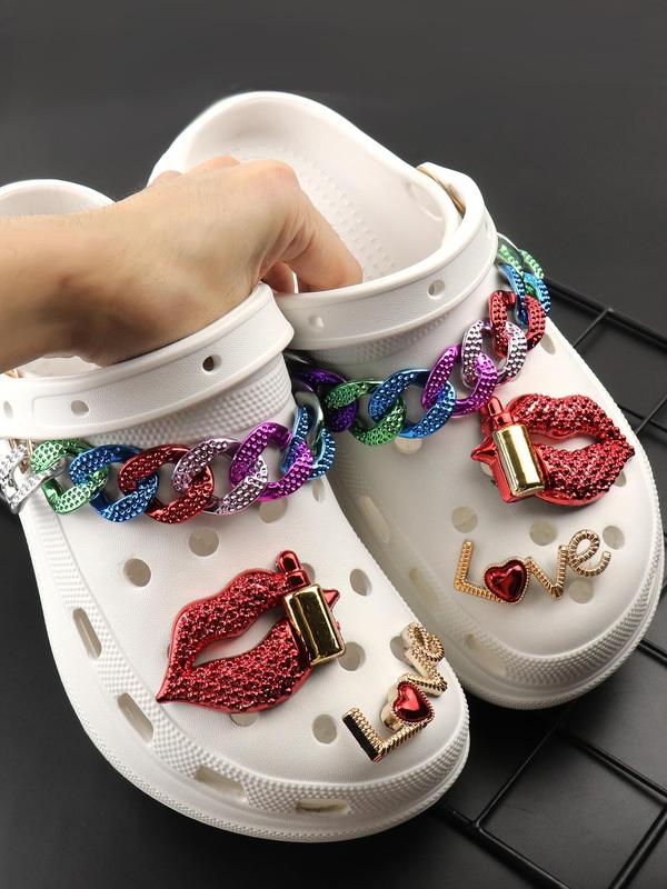 6pcs set Women's 2024 Street Trend Clogs Charms, Trendy Novelty Chain & Lipstick Shoes Decorations, Shiny Shoes Charms for Clogs DIY As Birthday Gift