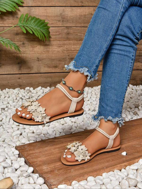 Women's Fashionable Flower Decorated Slip on Sandals, Boho Style Open Toe Sandals for Summer, Lightweight Breathable Comfortable Shoes for Daily Wear