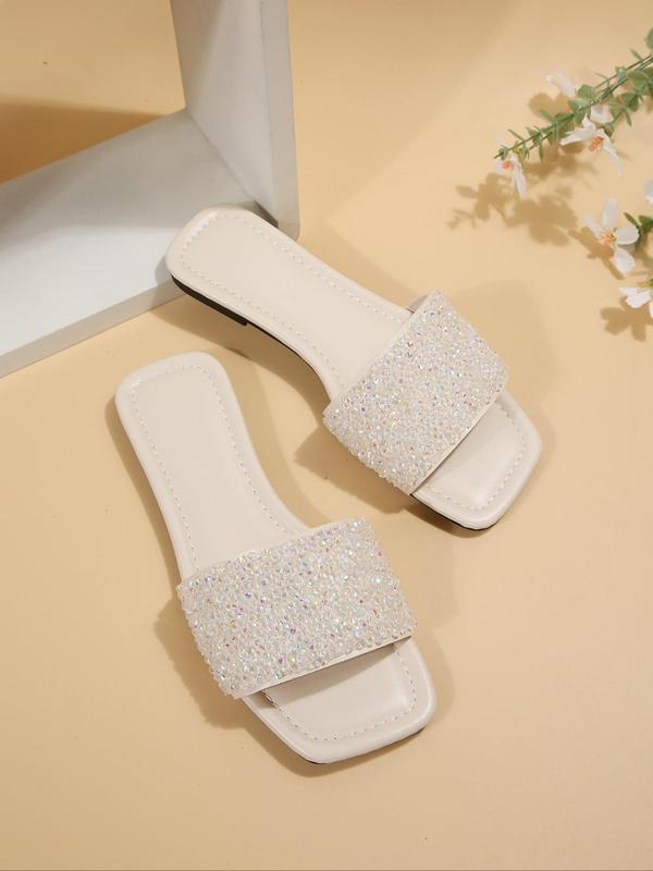 Summer Fashion Glitter Rhinestone Decor Slide Sandals for Women, Simple Plain Non-slip Flat Sandals, Casual Comfortable Beach Sandals, Fashionable Walking Shoes