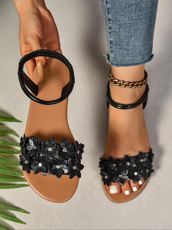 Women's Fashionable Flower Decorated Slip on Sandals, Boho Style Open Toe Sandals for Summer, Lightweight Breathable Comfortable Shoes for Daily Wear