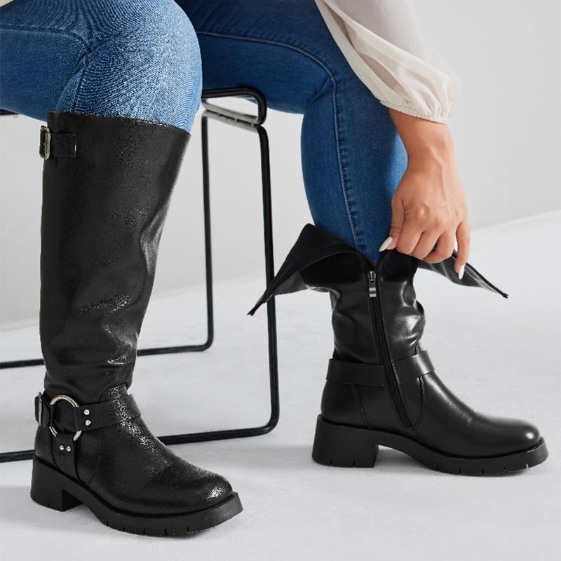 Extra Wide Calf Boots for Women - Knee High Square Toe Wide Width Platform Plus Size Tall Boots with Side Zip, Elastic bands Buckle Chunky Heel Wide Leg Fashion Motorcycle Boot for Spring Fall