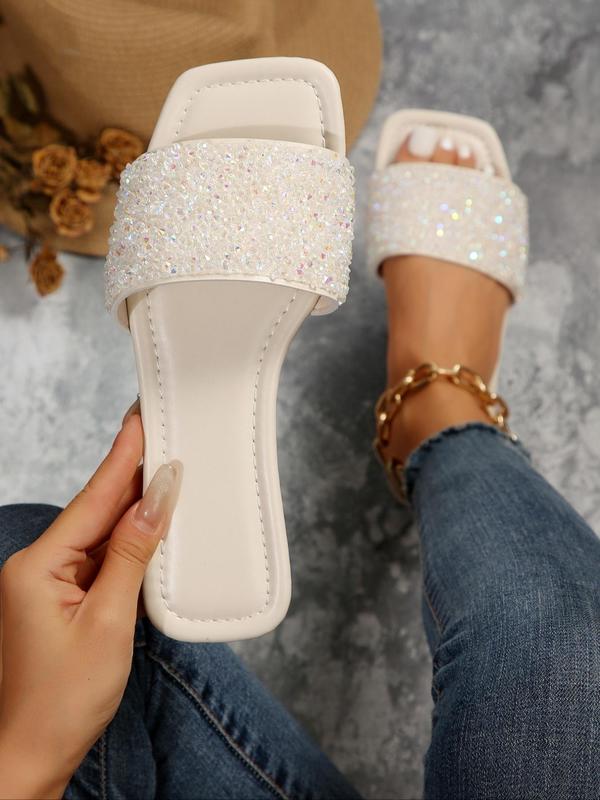 Summer Fashion Glitter Rhinestone Decor Slide Sandals for Women, Simple Plain Non-slip Flat Sandals, Casual Comfortable Beach Sandals, Fashionable Walking Shoes