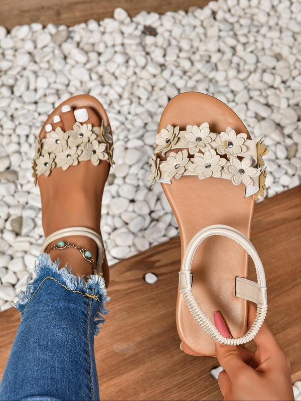 Women's Fashionable Flower Decorated Slip on Sandals, Boho Style Open Toe Sandals for Summer, Lightweight Breathable Comfortable Shoes for Daily Wear