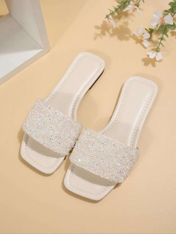 Summer Fashion Glitter Rhinestone Decor Slide Sandals for Women, Simple Plain Non-slip Flat Sandals, Casual Comfortable Beach Sandals, Fashionable Walking Shoes