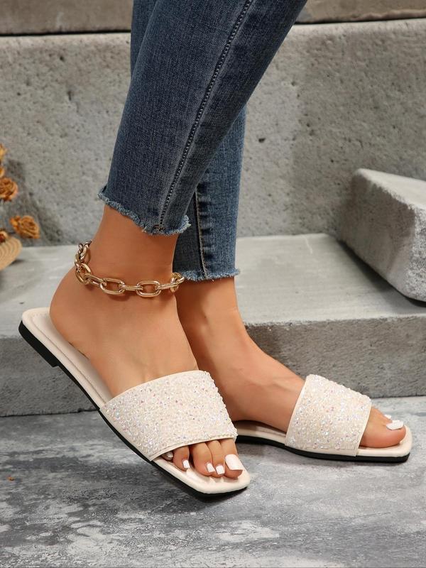 Summer Fashion Glitter Rhinestone Decor Slide Sandals for Women, Simple Plain Non-slip Flat Sandals, Casual Comfortable Beach Sandals, Fashionable Walking Shoes