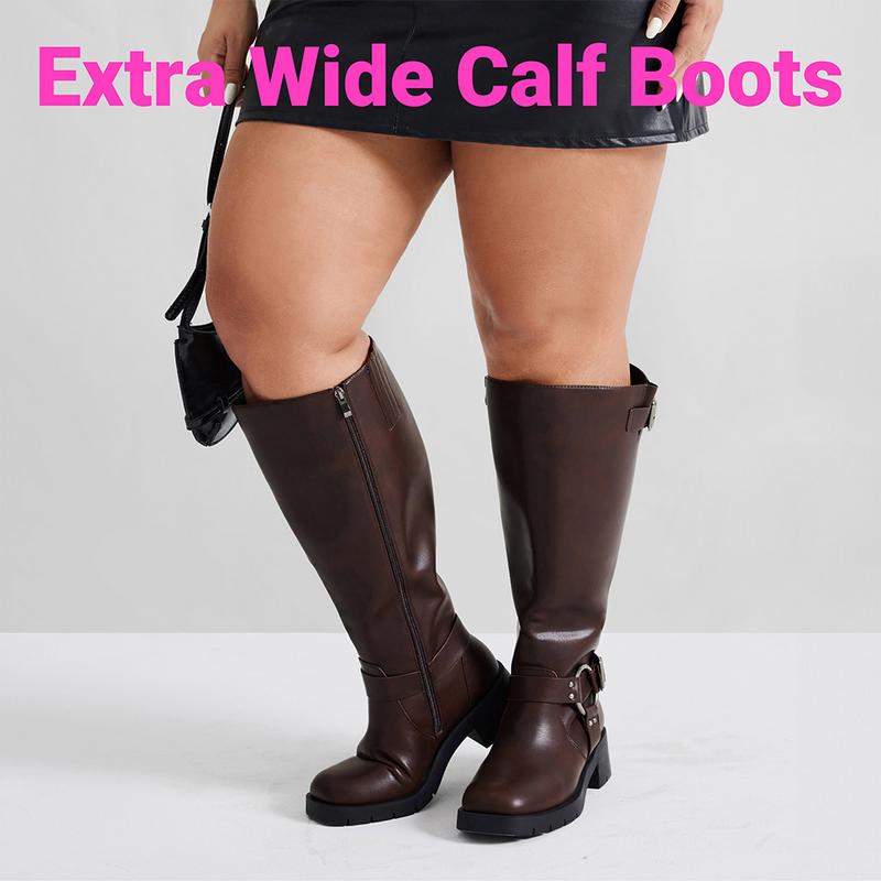 Extra Wide Calf Boots for Women - Knee High Square Toe Wide Width Platform Plus Size Tall Boots with Side Zip, Elastic bands Buckle Chunky Heel Wide Leg Fashion Motorcycle Boot for Spring Fall