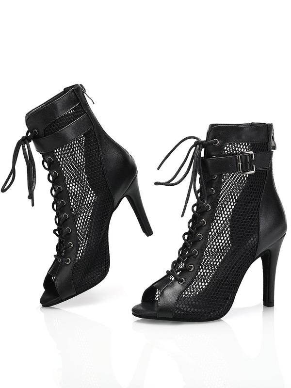 Women's Fashionable Lace up Hollow out Buckle Zip Back Design Stiletto Heeled Mesh Sandals, Elegant Peep Toe High Heel Sandals for Party, Daily Clothing Decor