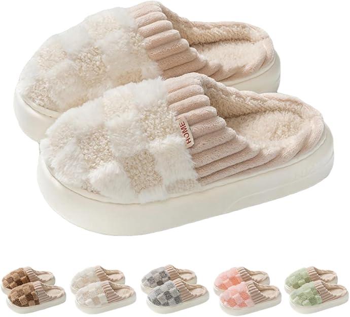 Outdoor Indoor Women Mens Plush Slippers for Women Men Plaid Cuff Slip On Warm Fuzzy Fleece Cute Plush Slipper House Shoes Cozy Memory Foam Checkered Home Shoes Non-Slip Christmas GiftsThanksgiving Gifts christmas 2024 ornament