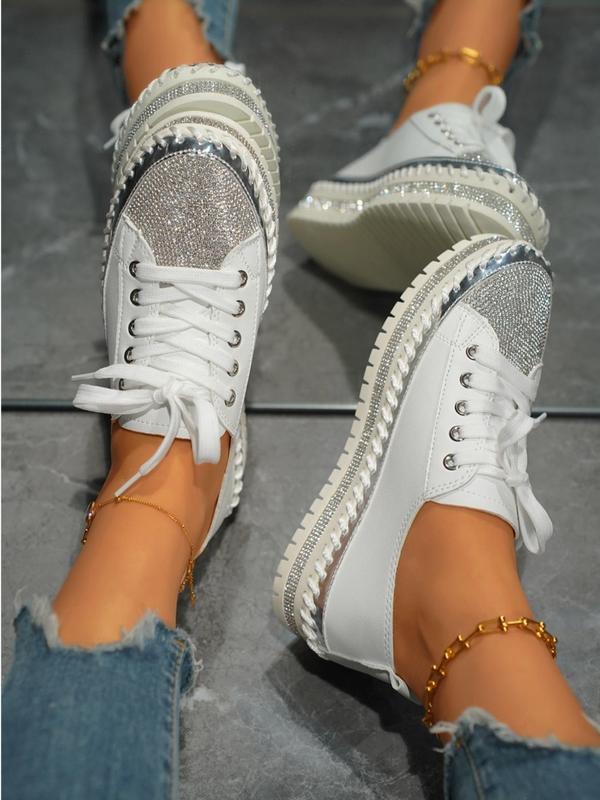 Women's Fashionable Rhinestone Decor Lace-Up Design Platform Sneakers, Casual Comfortable Sports Shoes, Female All-match Round Toe Shoes for Daily Wear