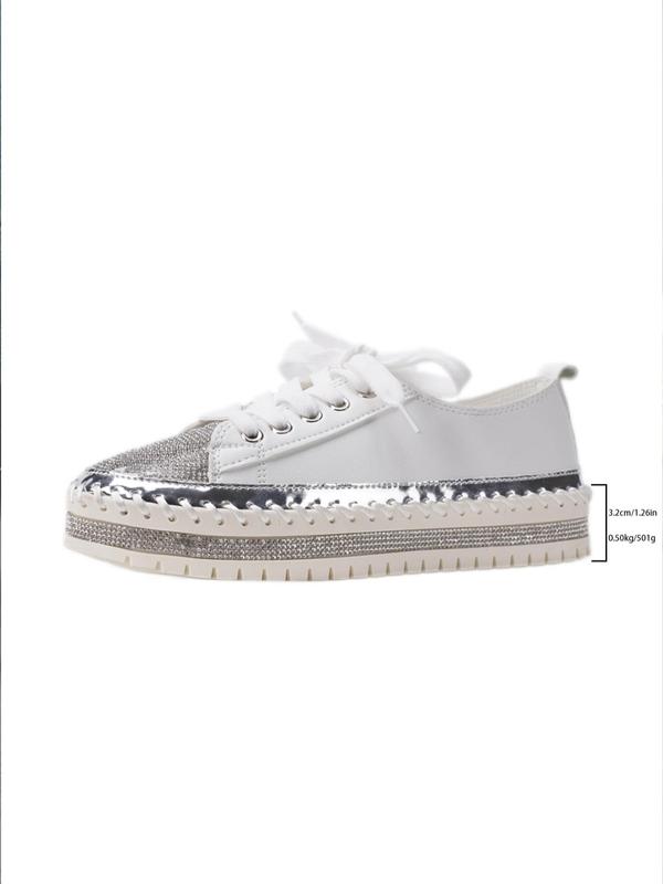 Women's Fashionable Rhinestone Decor Lace-Up Design Platform Sneakers, Casual Comfortable Sports Shoes, Female All-match Round Toe Shoes for Daily Wear