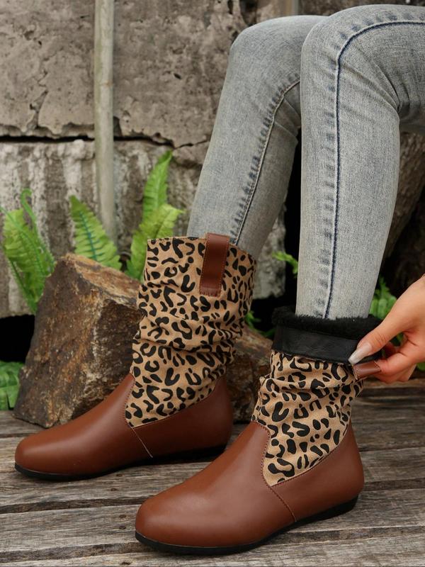 Women's Fashion Leopard Print Boots, Casual Comfortable Slip on Boots for Daily Wear, Female All-match Trendy Shoes for Winter