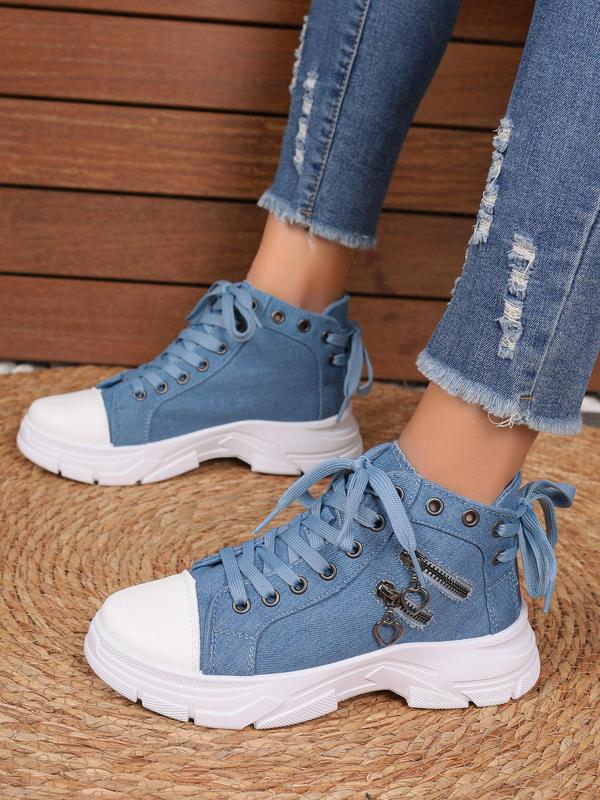 Women's Fashionable Zipper Decor Lace-up Canvas Sneakers, Casual Comfortable Breathable Mid Top Platform  Shoes, All Match Round Toe Shoes for Daily Wear