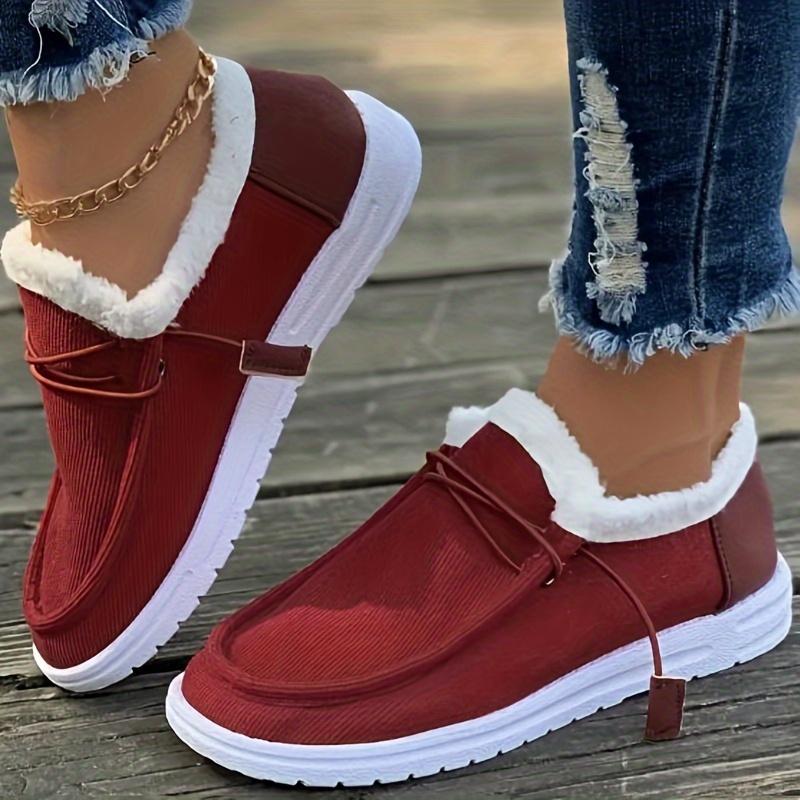 Women's Solid Color Lining Shoes, Fluffy Warm Flat Bottom Non-Slip Canvas Shoes, Plush Winter Comfortable Shoes