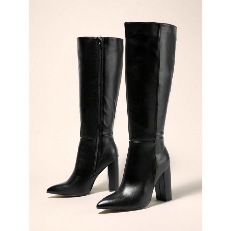 Women's Pointed Toe Chunky Heel Over The Knee Boots, Ladies Leather High Boots With Side Zipper For Autumn And Winter, Sexy Classic Knee High Boots In Black