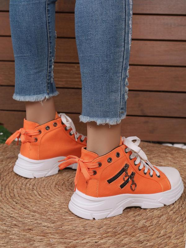 Women's Fashionable Zipper Decor Lace-up Canvas Sneakers, Casual Comfortable Breathable Mid Top Platform  Shoes, All Match Round Toe Shoes for Daily Wear