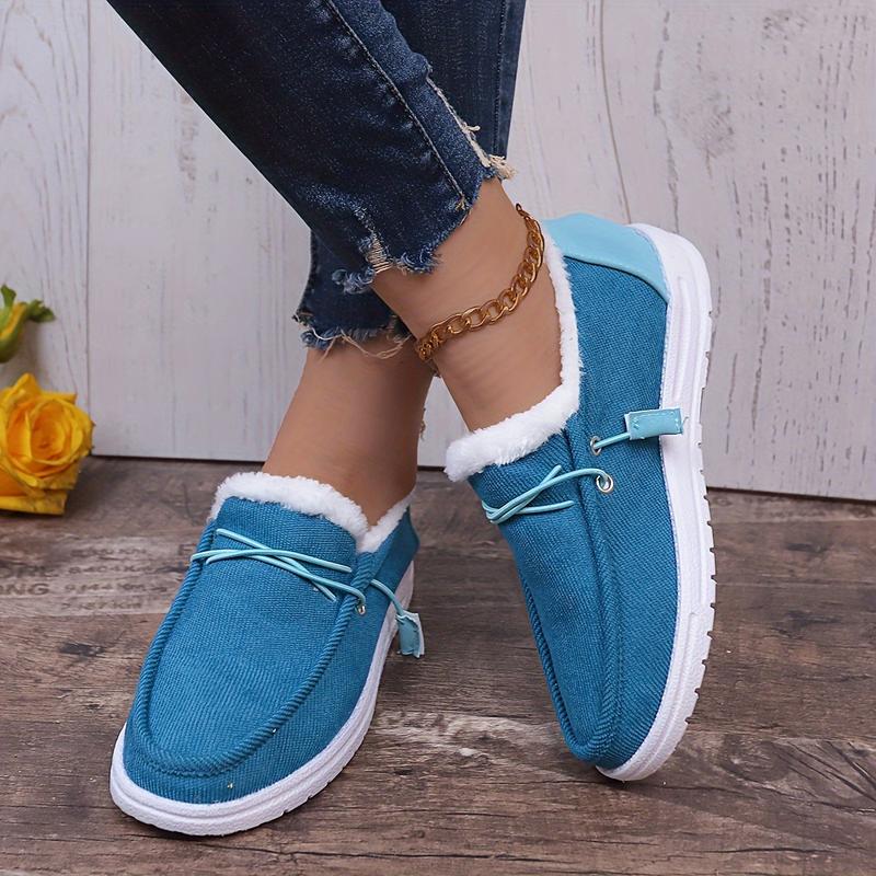 Women's Solid Color Lining Shoes, Fluffy Warm Flat Bottom Non-Slip Canvas Shoes, Plush Winter Comfortable Shoes