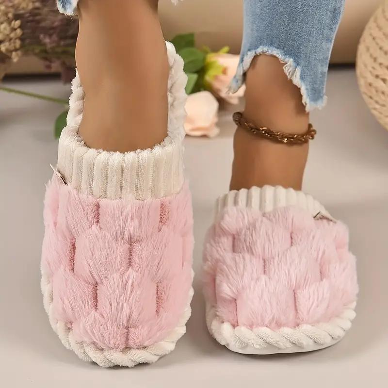 Female simple plaid plush slippers, casual soft and comfortable home slippers, Plaid slippers Shoe