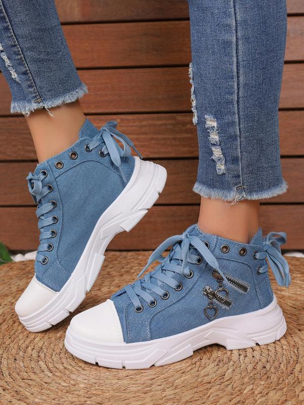 Women's Fashionable Zipper Decor Lace-up Canvas Sneakers, Casual Comfortable Breathable Mid Top Platform  Shoes, All Match Round Toe Shoes for Daily Wear