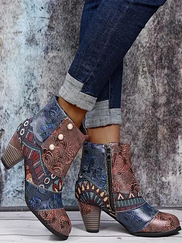 Women's Patchwork & Floral Pattern Boots, Faux Pearl Decor Casual Pointed Toe Booties for Fall & Winter, Female All-match Shoes for Daily Wear