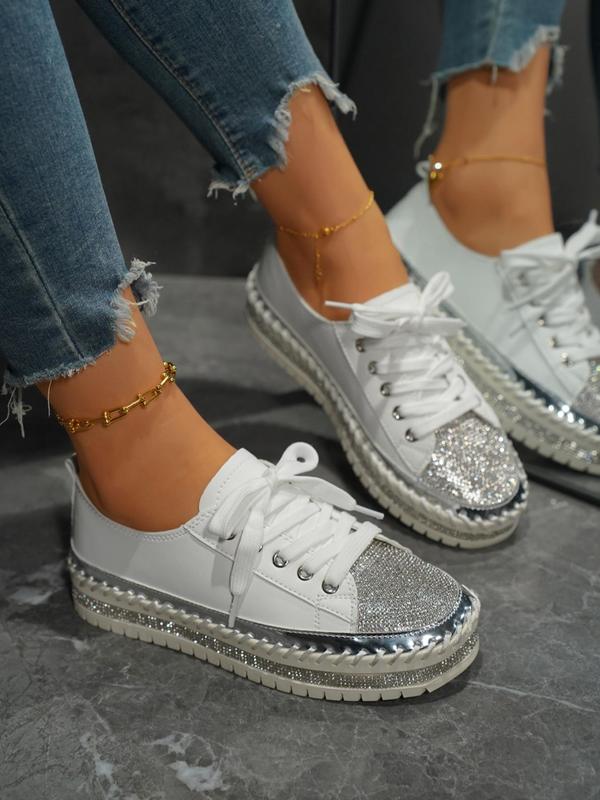 Women's Fashionable Rhinestone Decor Lace-Up Design Platform Sneakers, Casual Comfortable Sports Shoes, Female All-match Round Toe Shoes for Daily Wear