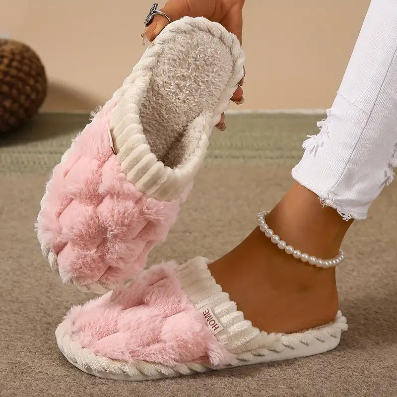 Female simple plaid plush slippers, casual soft and comfortable home slippers, Plaid slippers Shoe