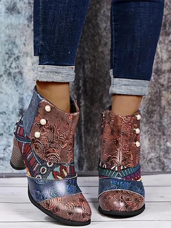 Women's Patchwork & Floral Pattern Boots, Faux Pearl Decor Casual Pointed Toe Booties for Fall & Winter, Female All-match Shoes for Daily Wear