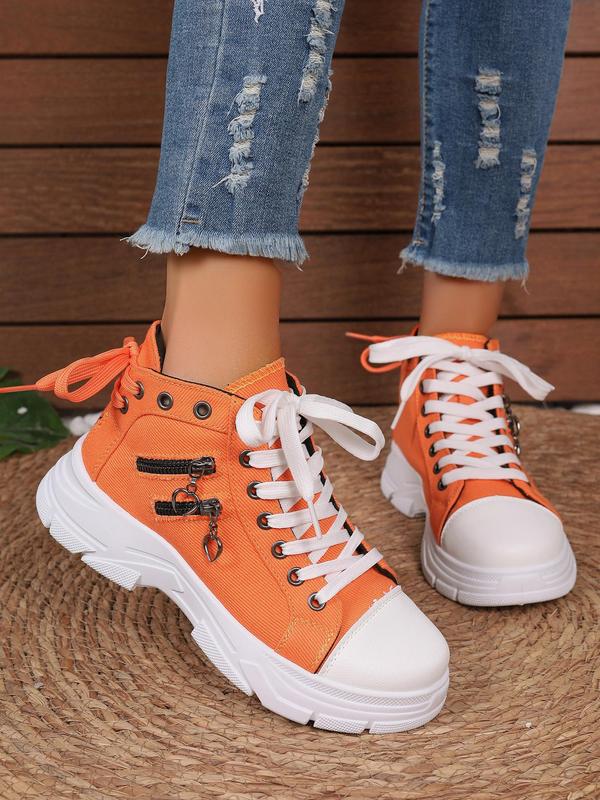 Women's Fashionable Zipper Decor Lace-up Canvas Sneakers, Casual Comfortable Breathable Mid Top Platform  Shoes, All Match Round Toe Shoes for Daily Wear