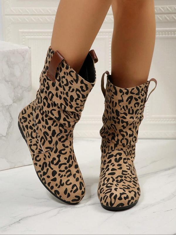 Women's Fashion Leopard Print Boots, Casual Comfortable Slip on Boots for Daily Wear, Female All-match Trendy Shoes for Winter