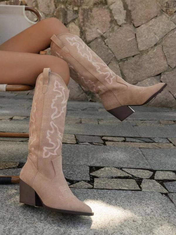 Women's Fashionable Embroidering Design Knee High Boots, Casual Pointed Toe High Heel Boots for Daily Wear, Western Cowboy Boots for Women & Girls