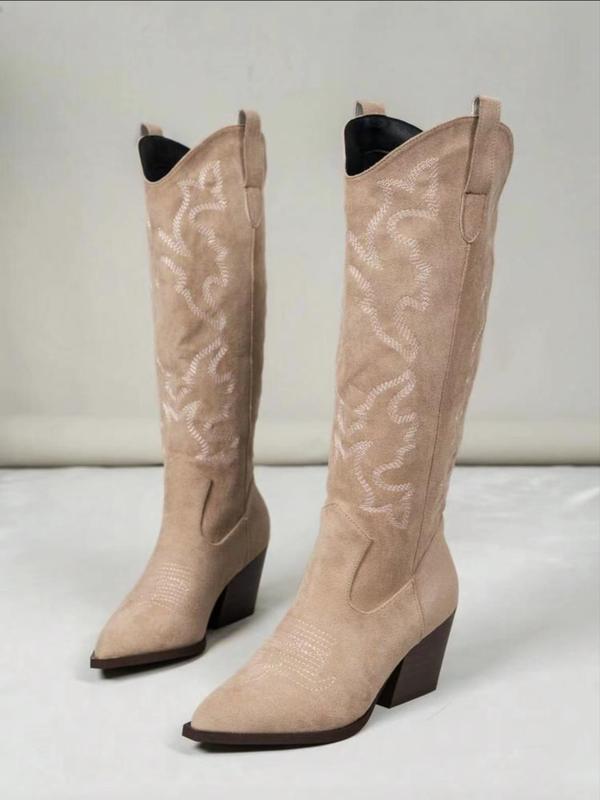 Women's Fashionable Embroidering Design Knee High Boots, Casual Pointed Toe High Heel Boots for Daily Wear, Western Cowboy Boots for Women & Girls