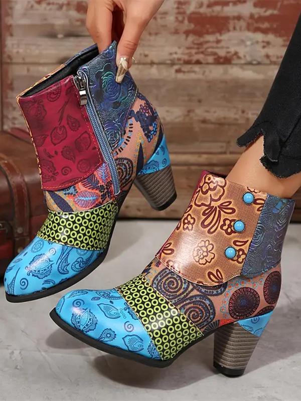 Women's Patchwork & Floral Pattern Boots, Faux Pearl Decor Casual Pointed Toe Booties for Fall & Winter, Female All-match Shoes for Daily Wear