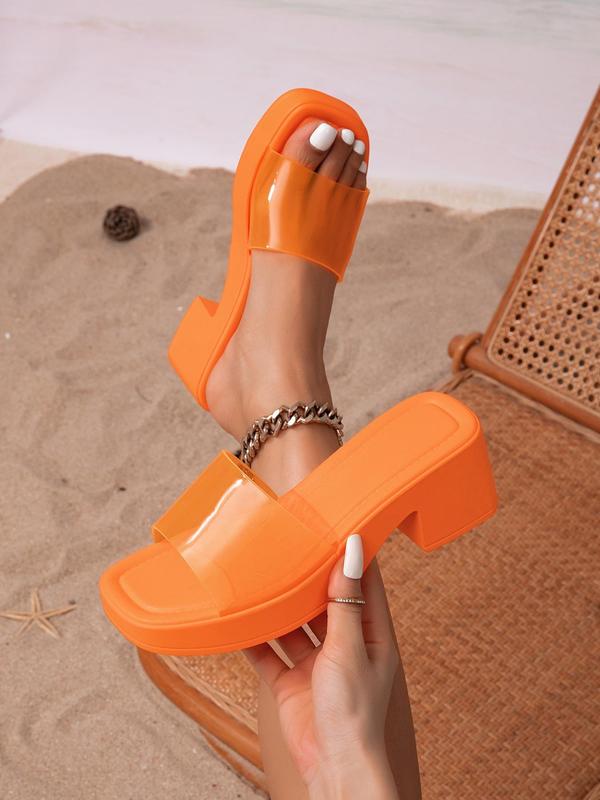 Women's Fashion Plain Color Square Toe Slip on Heeled Sandals, Trendy Exquisite Pvc Heeled Sandals, Casual Versatile High Heel Sandals for Summer