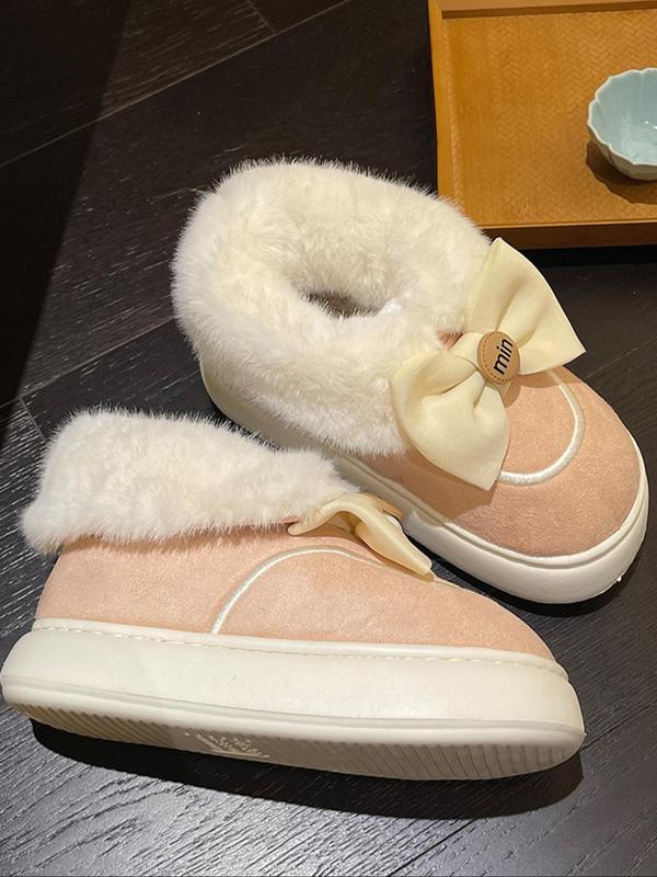 Women's Cute Bowknot Design Plush Slippers, Casual Soft Comfortable Home Slippers, Warm Slippers for Indoor & Outdoor Use for All Seasons