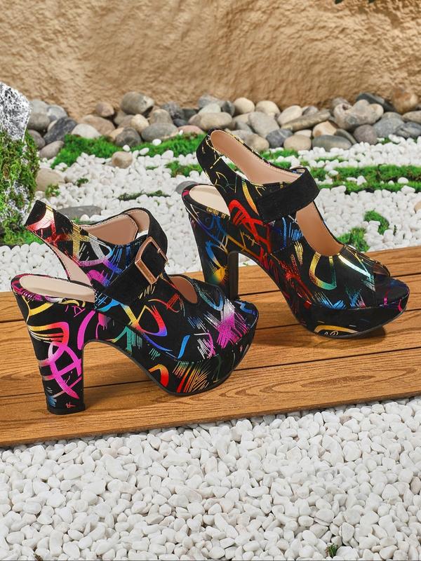 Women's Fashionable Random Pop Art Print Peep Toe High Heel Sandals, Casual Versatile Buckle Decorated Sandals for Summer, Female All-match Shoes for Daily Wear