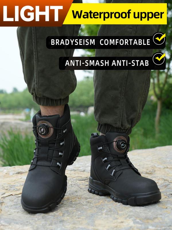 Men's High Top Rotating Button Lace Work Boots, Lightweight Comfortable Wear-resistant Safety Boots, Anti-smash and Anti-stab Safety Shoes for Men Tactical Boots