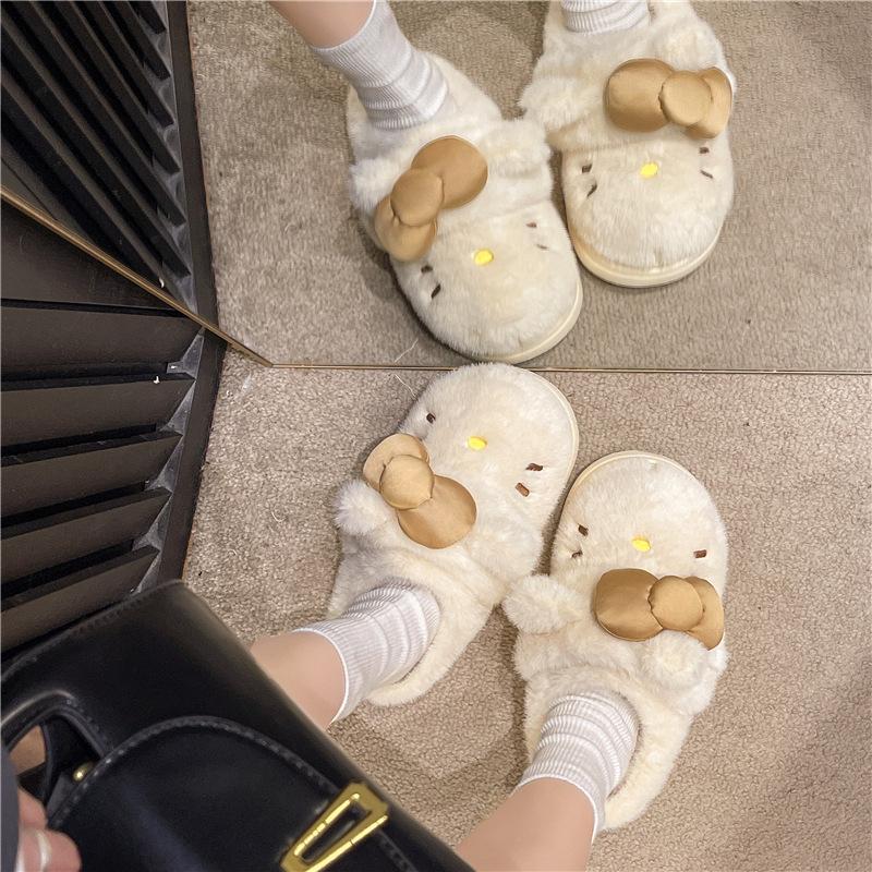 Cute Furry Hello Kitty Fur Slipper New Simple and Comfortable Home Outdoor All-Matching Toe Cap Slipper