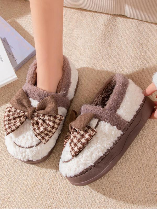 Women's Cute Bowknot Design Plush Slippers, Casual Soft Comfortable Home Slippers, Warm Slippers for Indoor & Outdoor Use for All Seasons