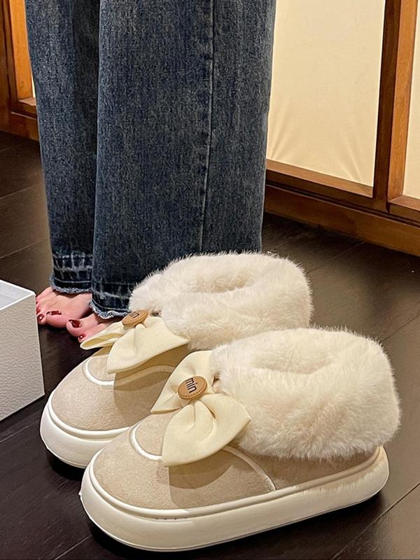 Women's Cute Bowknot Design Plush Slippers, Casual Soft Comfortable Home Slippers, Warm Slippers for Indoor & Outdoor Use for All Seasons