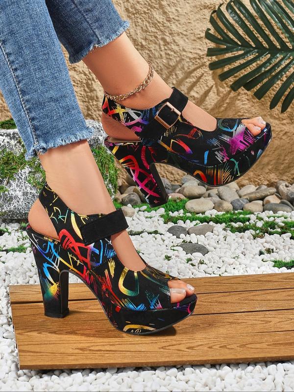 Women's Fashionable Random Pop Art Print Peep Toe High Heel Sandals, Casual Versatile Buckle Decorated Sandals for Summer, Female All-match Shoes for Daily Wear