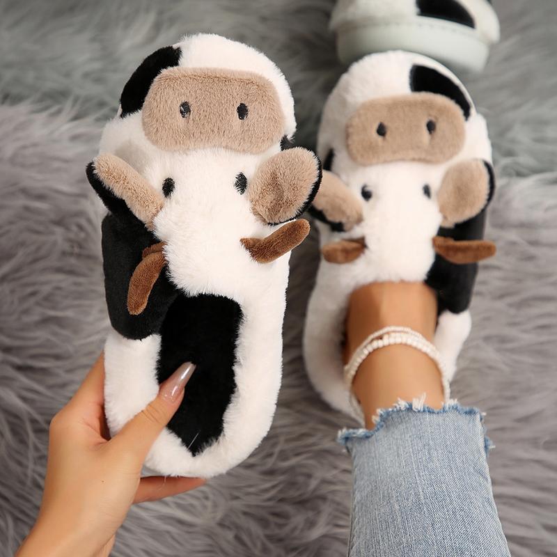 Cow Slippers,slippers for Women Men,Cute Fuzzy Slippers, Womens Mens Kawaii Animal Cartoon Cotton Plush House Slippers,Cloud Bedroom Winter House Shoes for Indoor