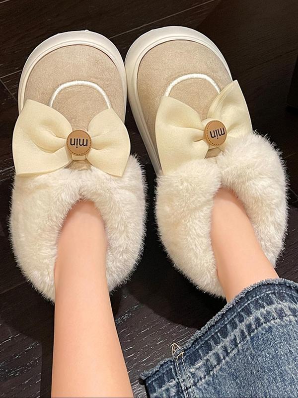 Women's Cute Bowknot Design Plush Slippers, Casual Soft Comfortable Home Slippers, Warm Slippers for Indoor & Outdoor Use for All Seasons