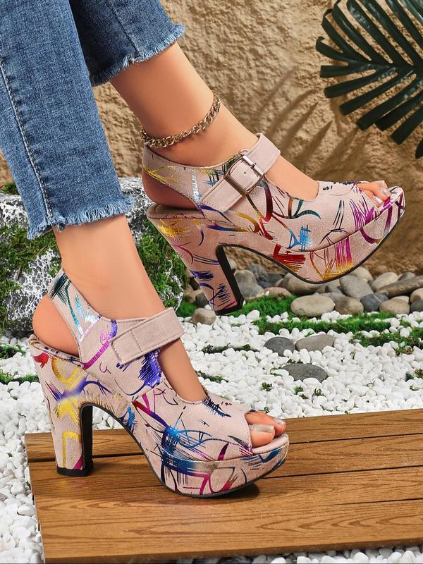 Women's Fashionable Random Pop Art Print Peep Toe High Heel Sandals, Casual Versatile Buckle Decorated Sandals for Summer, Female All-match Shoes for Daily Wear