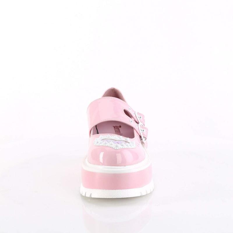 Demonia Slacker-25 Baby Pink Holo Patent Platforms