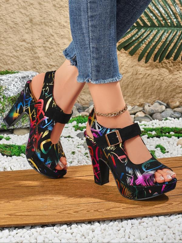 Women's Fashionable Random Pop Art Print Peep Toe High Heel Sandals, Casual Versatile Buckle Decorated Sandals for Summer, Female All-match Shoes for Daily Wear