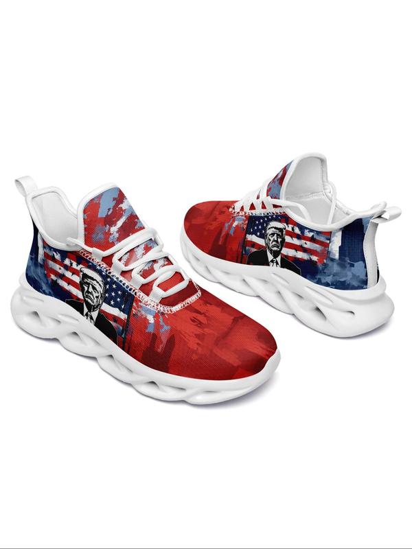 Men's Flag & Figure Print Lace Up Low Top Sneakers, Casual Comfortable Breathable Sports Running Shoes, Male All-match Round Toe Shoes for Daily Wear