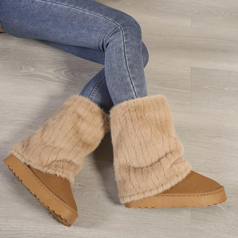 Women's Solid Color Snow Boots, Casual Slip On Plush Lined Boots, Comfortable Winter Mid Calf Boots