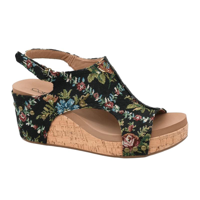 CORKYS CARLEY WEDGE SANDAL - BLACK BROCADE FLORAL