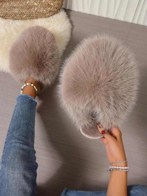 Women's Solid Color Plush Slippers, Casual Soft Comfortable Home Slippers, Warm Slippers for Indoor & Outdoor Use for Fall & Winter Fur Slippers