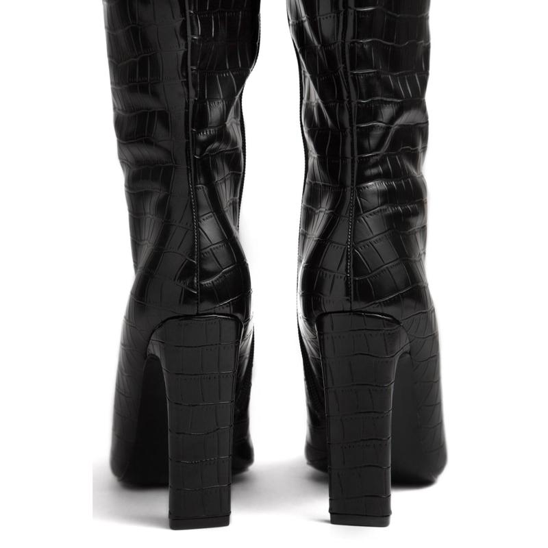 Adelaisa Knee High Heel Boots - Croc Black